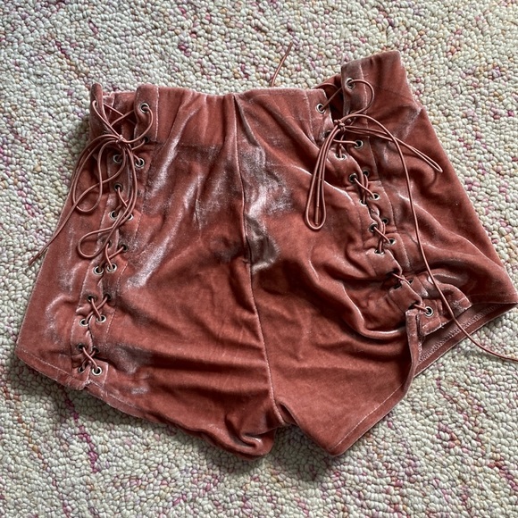 UNIF Pants - Rose velvet lace up mini shorts